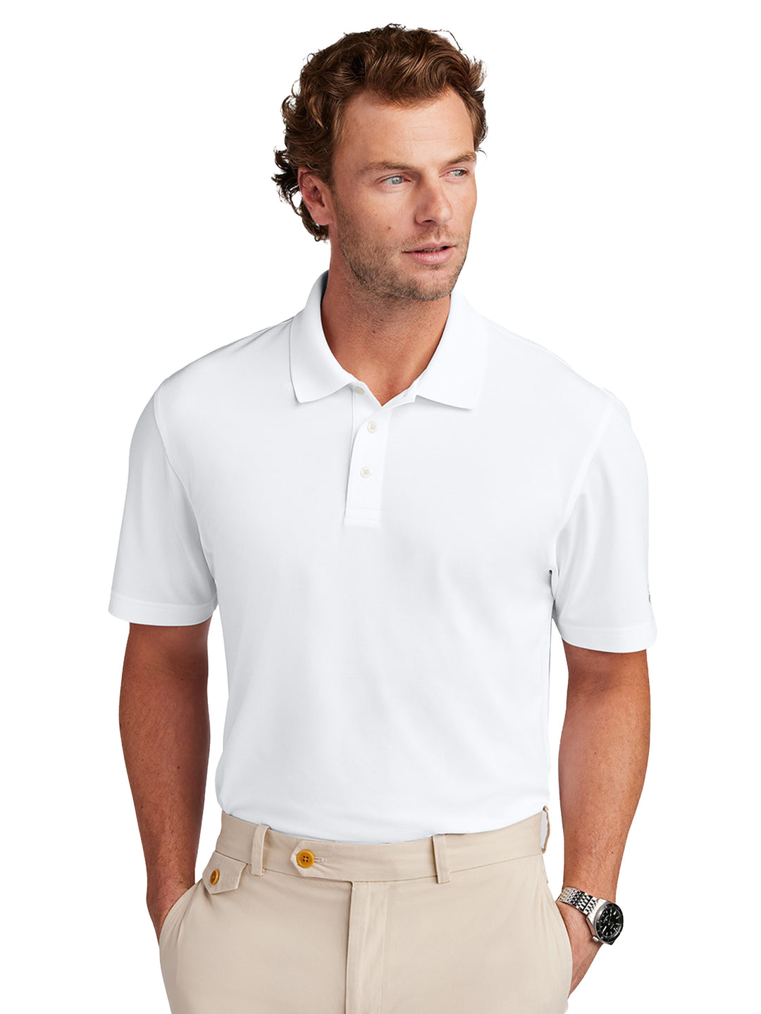 Brooks Brothers BB18220 Polo in white, offering a polished look with moisture-wicking performance. Custom embroidery options available.