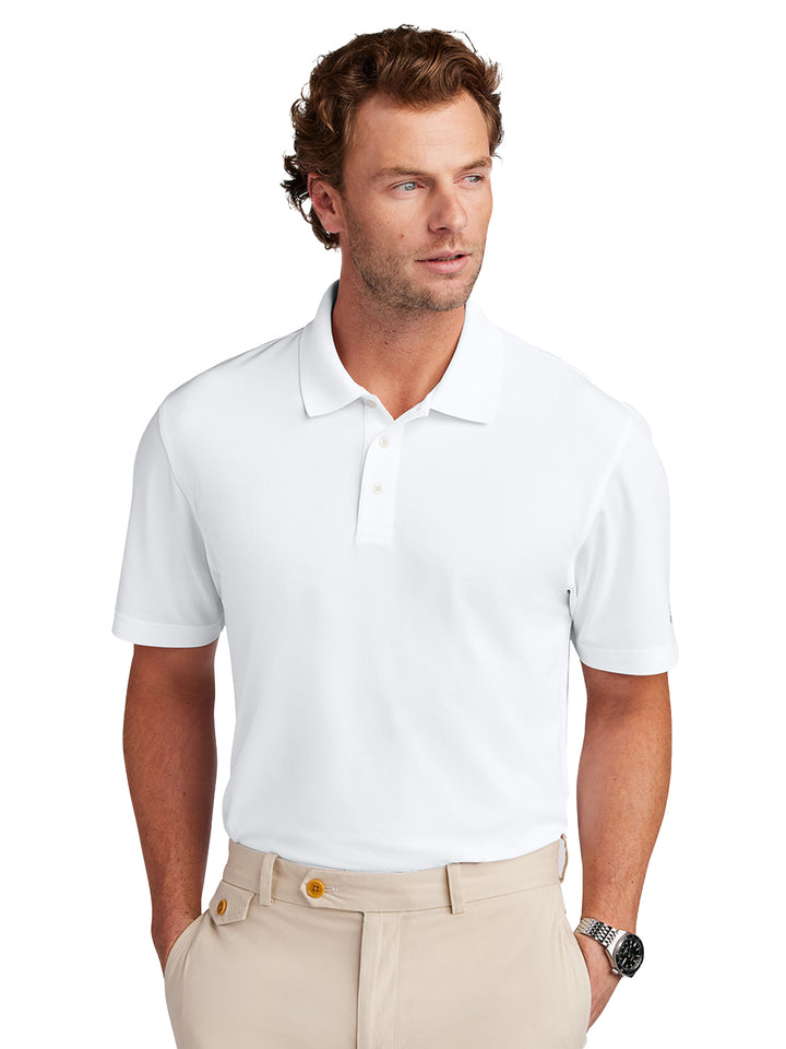 Brooks Brothers BB18220 Polo in white, offering a polished look with moisture-wicking performance. Custom embroidery options available.