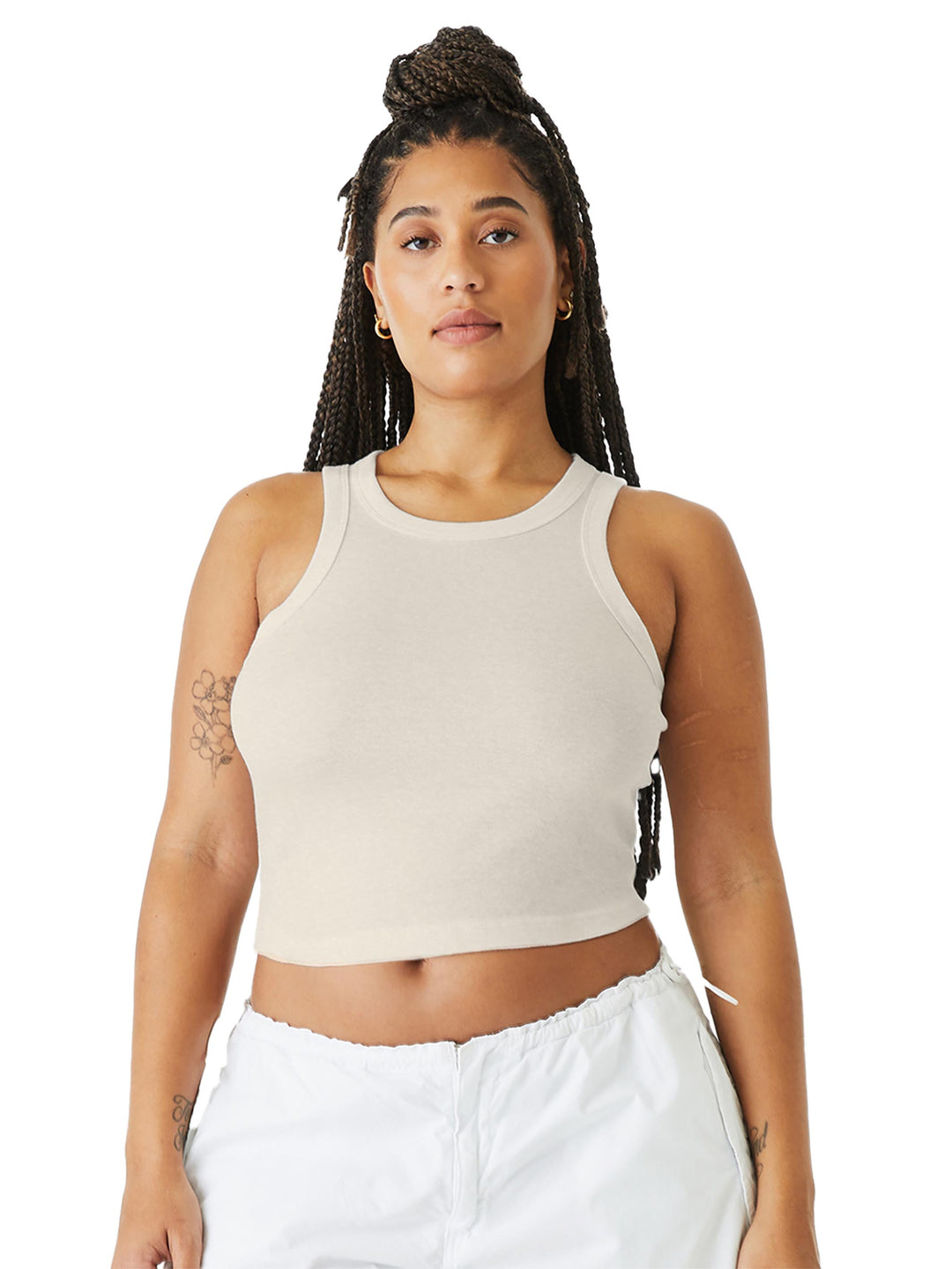 Custom BELLA+CANVAS Women’s Micro Rib Racer Tank in cream, soft ribbed fabric ideal for printing or embroidery in women's fashion.