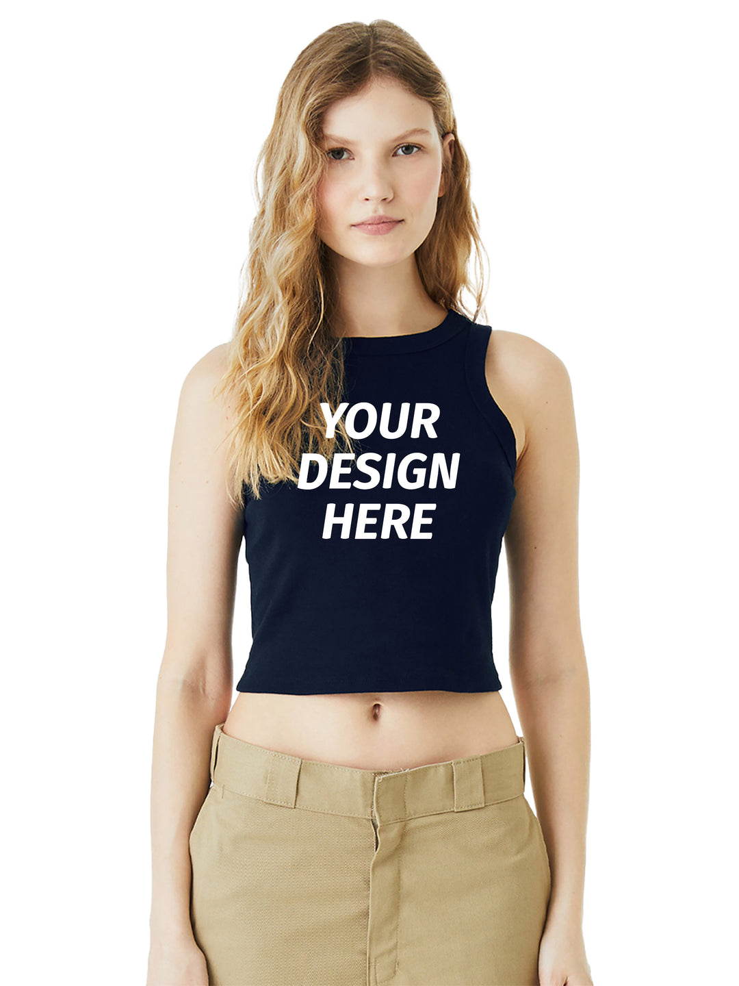 Custom BELLA+CANVAS Women’s Micro Rib Racer Tank in black with 'Your Design Here' text, ideal for personalized printing or embroidery.