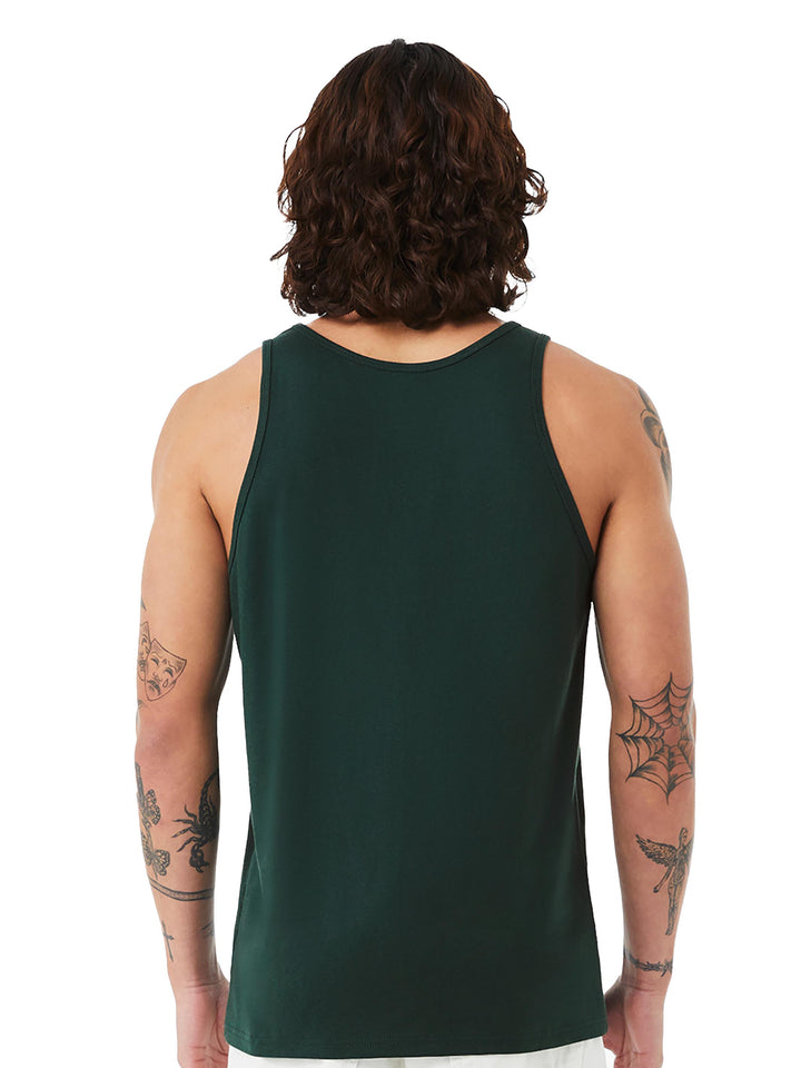 Back view of BELLA + CANVAS Unisex Jersey Tank in dark green, showcasing racerback cut and soft cotton fabric for custom apparel.
