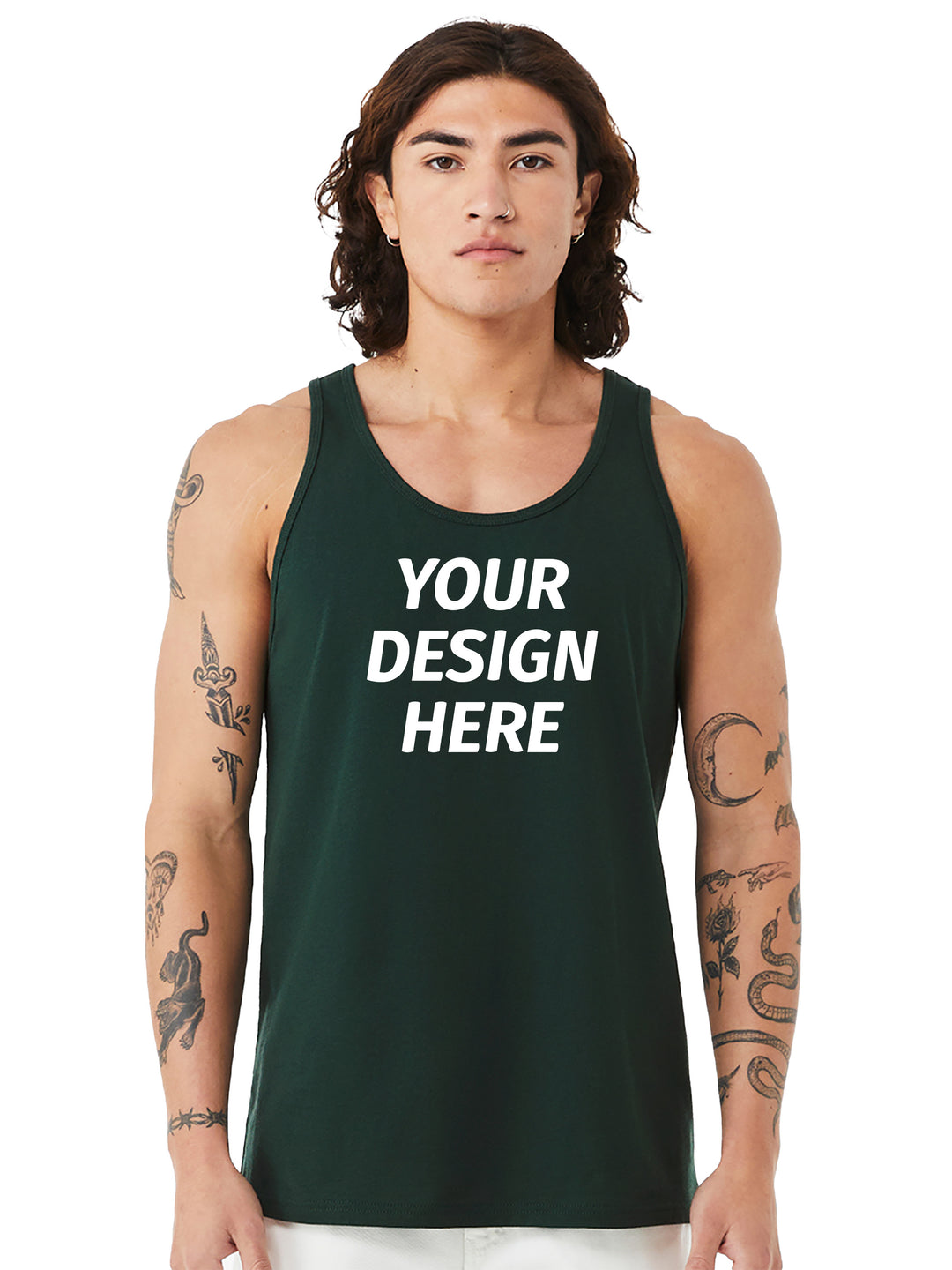 BELLA + CANVAS Unisex Jersey Tank in dark green with 'Your Design Here' text, ideal for custom printed tanks for events or promotions.