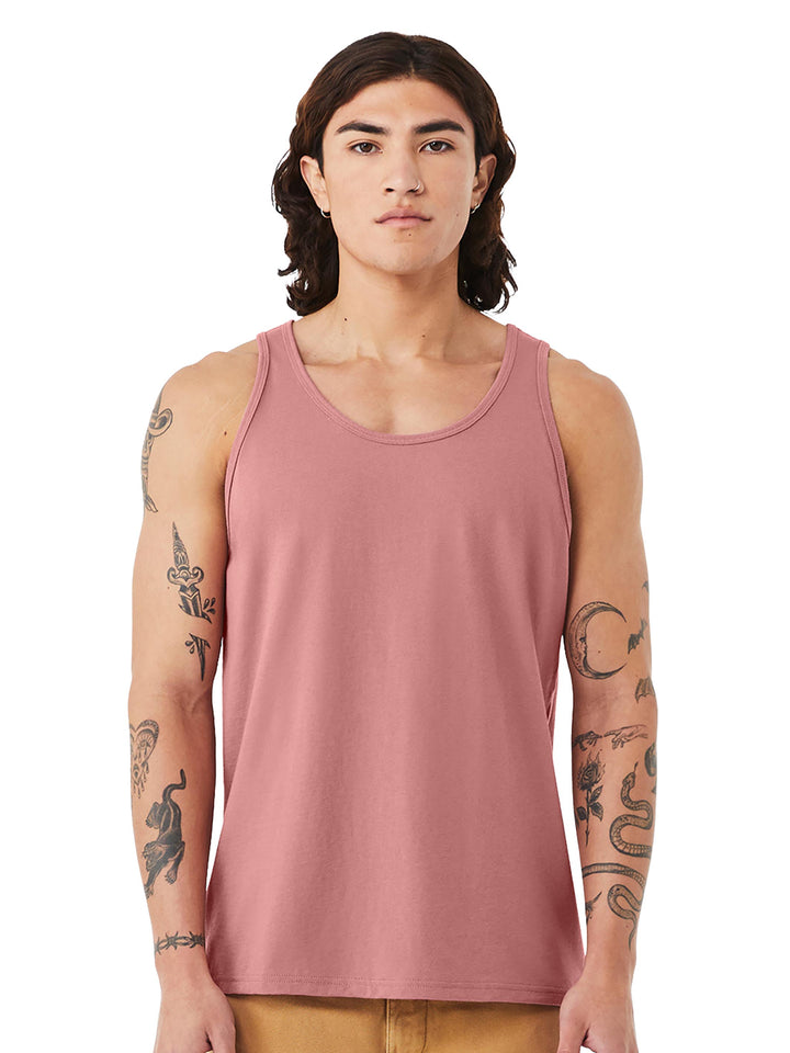 BELLA + CANVAS Unisex Jersey Tank in mauve worn by male model, perfect for custom printing and casual wear.