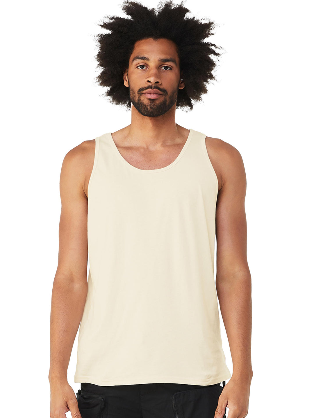 BELLA + CANVAS Unisex Jersey Tank in cream color on male model, ideal for personalized gym or event apparel.