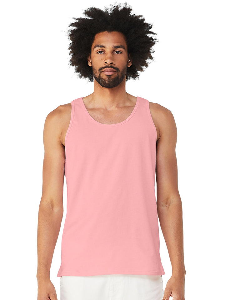 BELLA + CANVAS Unisex Jersey Tank in pink on male model, ideal for custom printed tanks for events or giveaways.