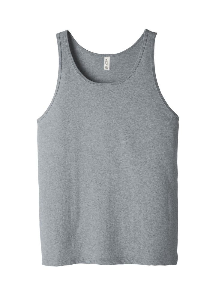 Flat lay of BELLA + CANVAS Unisex Jersey Tank in heather gray, ideal for custom apparel and promotional use.