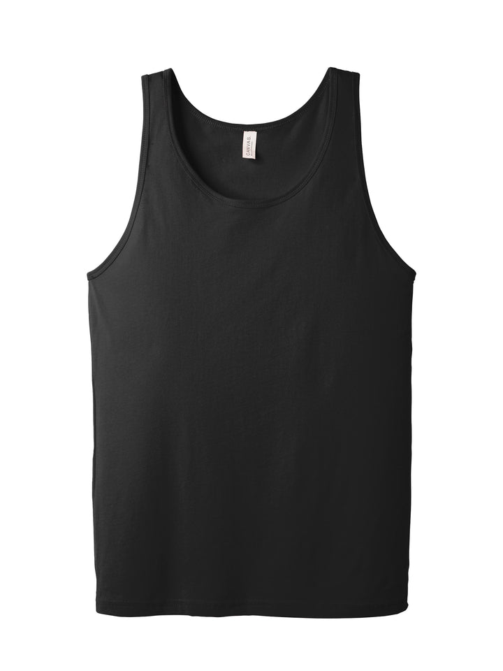 Flat lay of BELLA + CANVAS Unisex Jersey Tank in solid black, perfect for custom designs and branding.