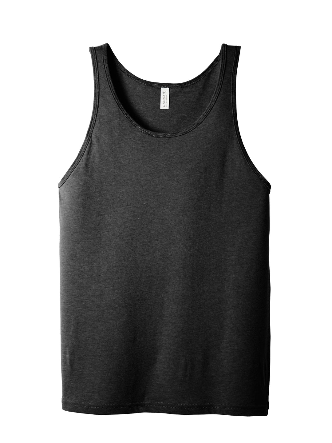 Flat lay of BELLA + CANVAS Unisex Jersey Tank in dark heather, great for custom printing and casual wear.