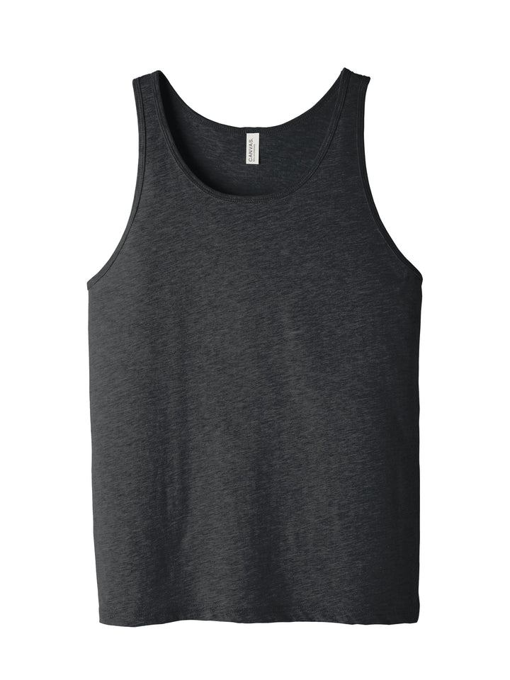 Flat lay of BELLA + CANVAS Unisex Jersey Tank in charcoal heather, ideal for custom logos and event apparel.