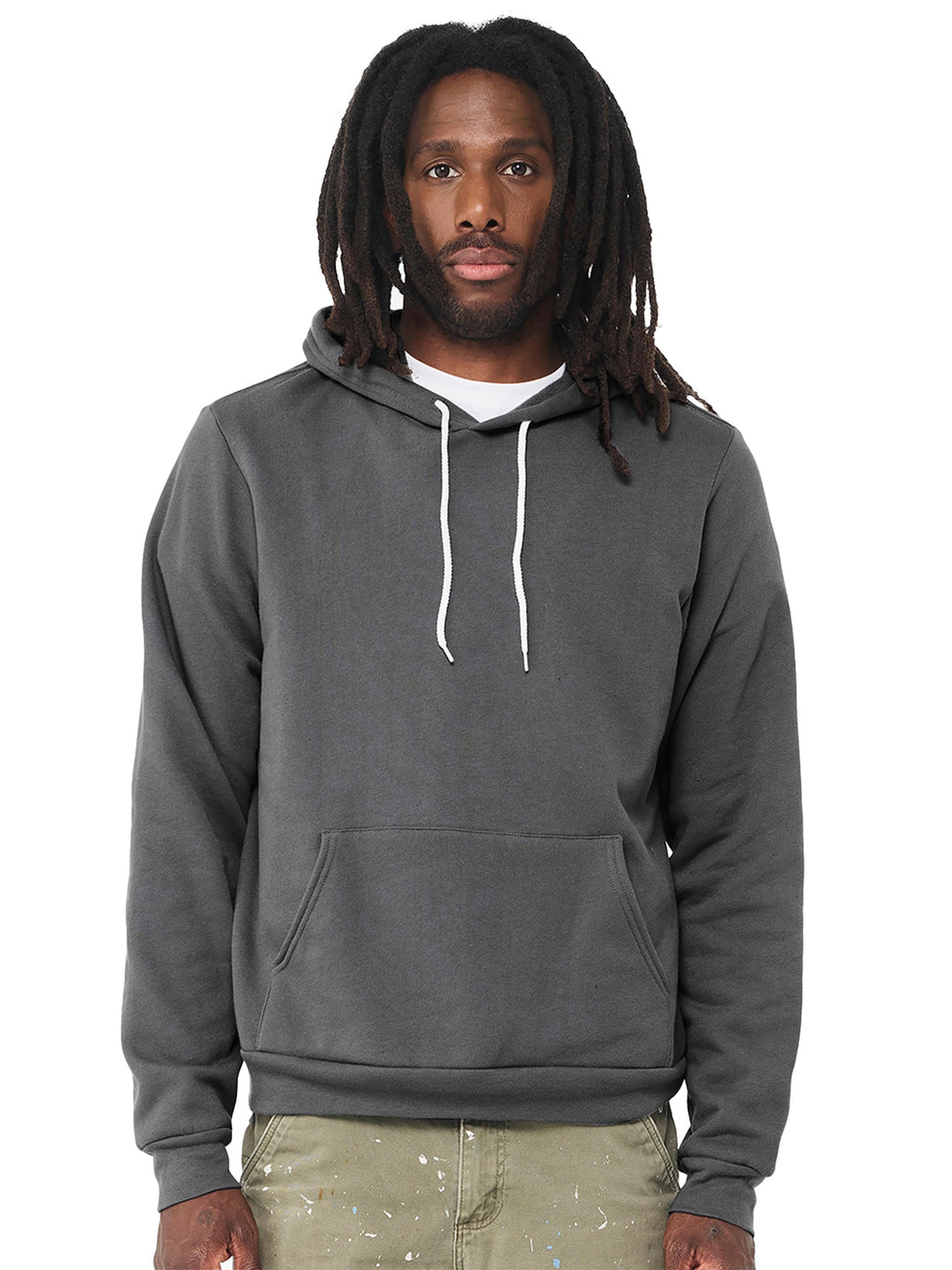 Custom Bella + Canvas Sponge Fleece Hoodie in dark gray with white drawstrings, ideal for personalized embroidery or printed logo designs.