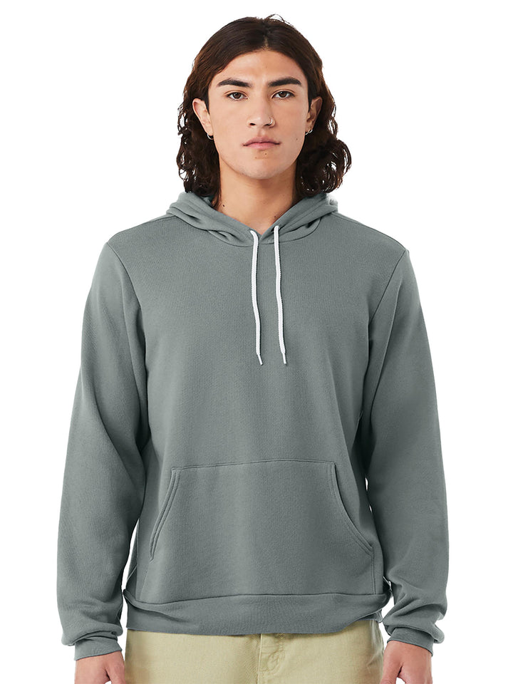 Custom Bella + Canvas Sponge Fleece Hoodie in sage green with front pocket and white drawstrings. Ideal for personalized embroidery or printed designs.