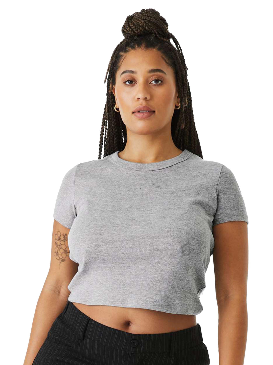 Custom Bella + Canvas Women's Micro Rib Baby Tee in heather gray, featuring a cropped cut and soft stretch fabric.
