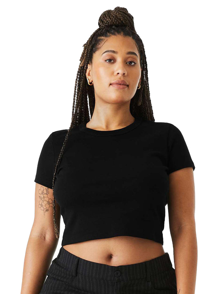 Custom Bella + Canvas Women's Micro Rib Baby Tee in black, perfect for custom printing, with a flattering cropped fit.