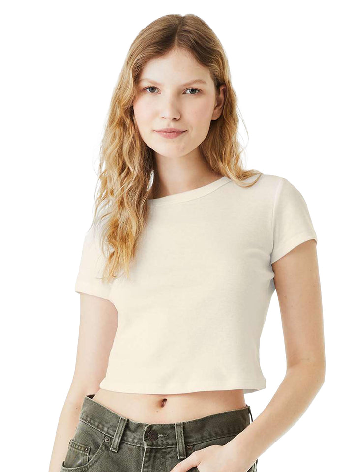 Custom Bella + Canvas Women's Micro Rib Baby Tee in off-white, designed for comfort and ideal for casual or branded wear.