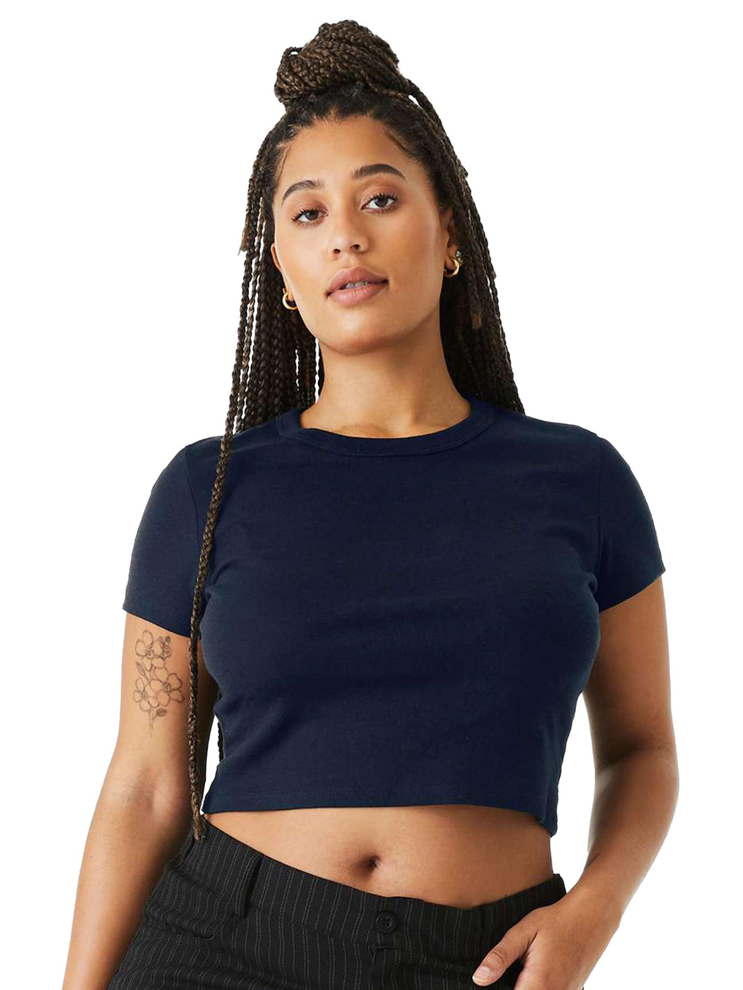 Custom Bella + Canvas Women's Micro Rib Baby Tee in navy blue, eco-friendly and great for personalized apparel.