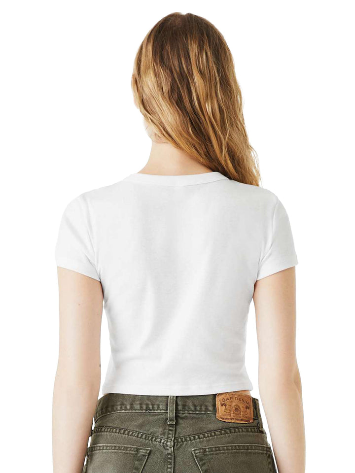 Back view of Custom Bella + Canvas Women's Micro Rib Baby Tee in white, showcasing cropped fit and soft ribbed texture.