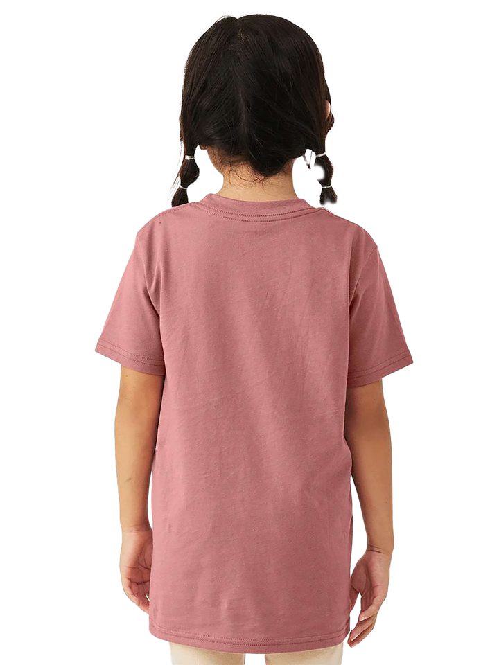 Back view of BELLA+CANVAS Youth Jersey Short Sleeve Tee- BC3001Y in mauve, showcasing its relaxed fit and durable stitching.