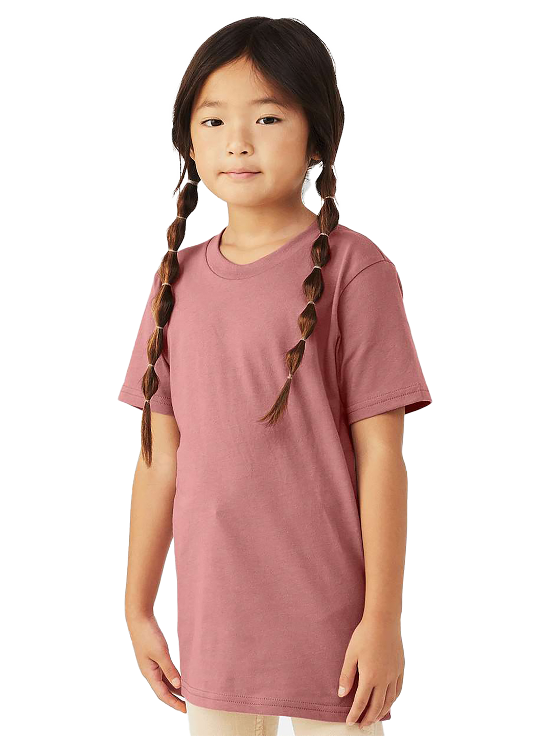 Side view of BELLA+CANVAS Youth Jersey Short Sleeve Tee- BC3001Y in mauve, highlighting its breathable fabric and stylish short sleeves.
