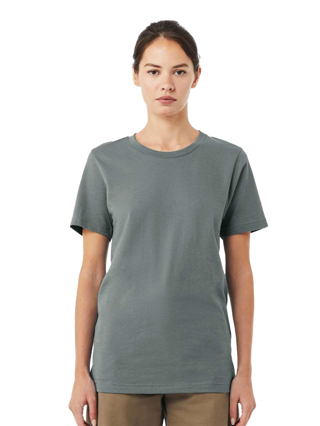 BELLA + CANVAS Jersey Tee 3001 in solid grey worn by female model. Custom T-Shirts & Printing option for soft, lightweight casual wear.