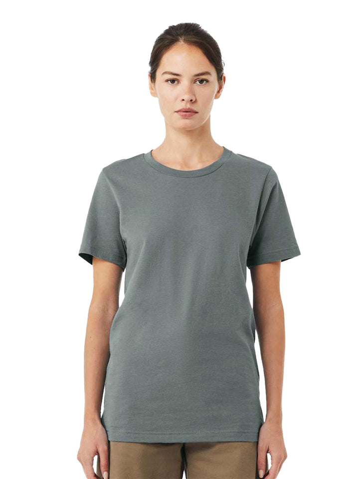 BELLA + CANVAS Jersey Tee 3001 in solid grey worn by female model. Custom T-Shirts & Printing option for soft, lightweight casual wear.