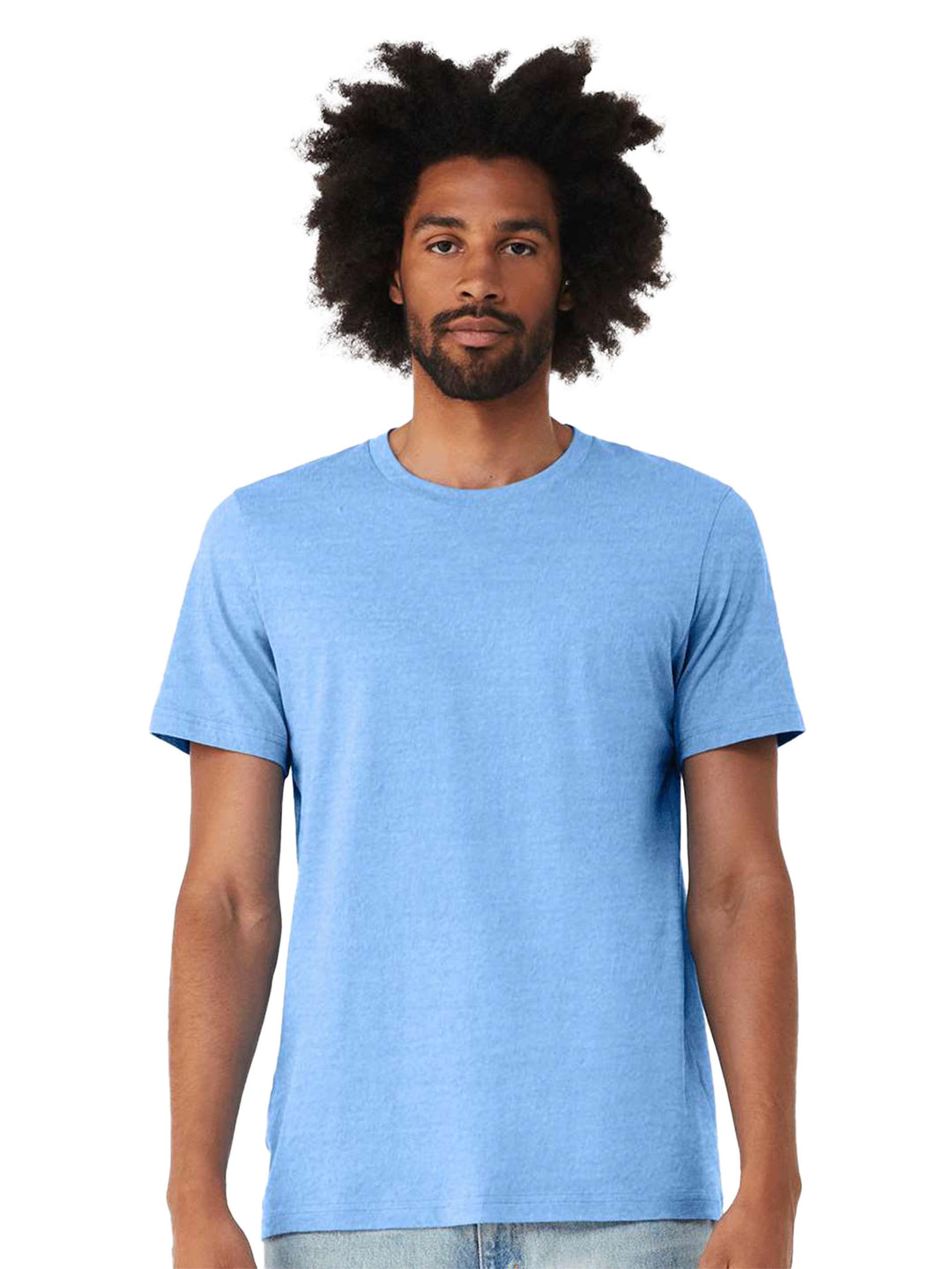 BELLA + CANVAS Jersey Tee 3001 in heather blue worn by male model. Lightweight custom t-shirt ideal for printing or embroidery.