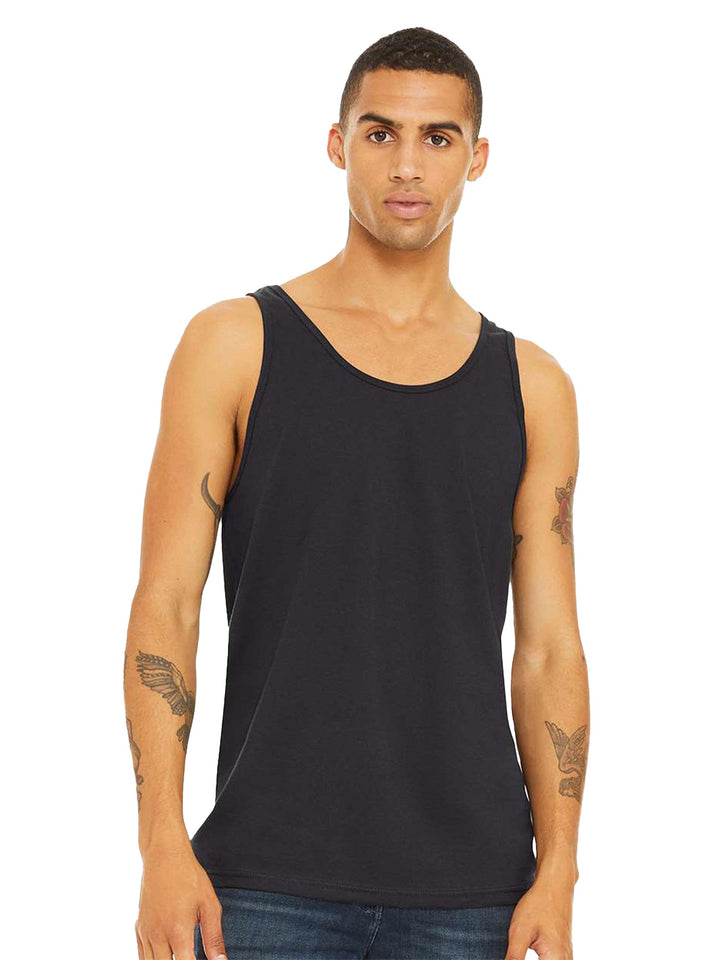 BELLA + CANVAS Unisex Jersey Tank in black worn by male model, great for custom branding and promotional use.