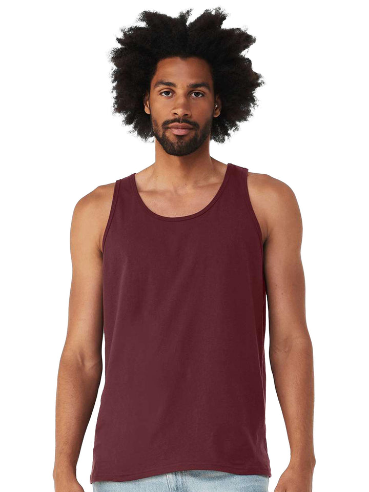 BELLA + CANVAS Unisex Jersey Tank in maroon on male model, perfect for custom logo printing and casual wear.