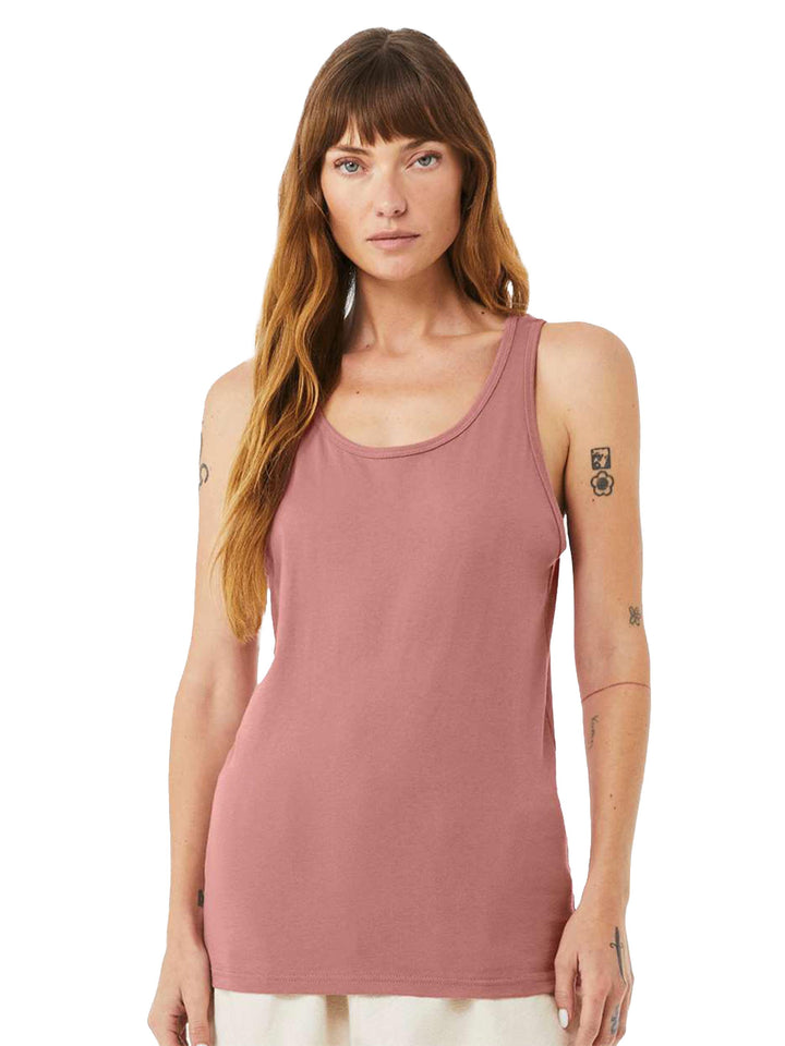 BELLA + CANVAS Unisex Jersey Tank in mauve worn by female model, great for custom designs and versatile styling.