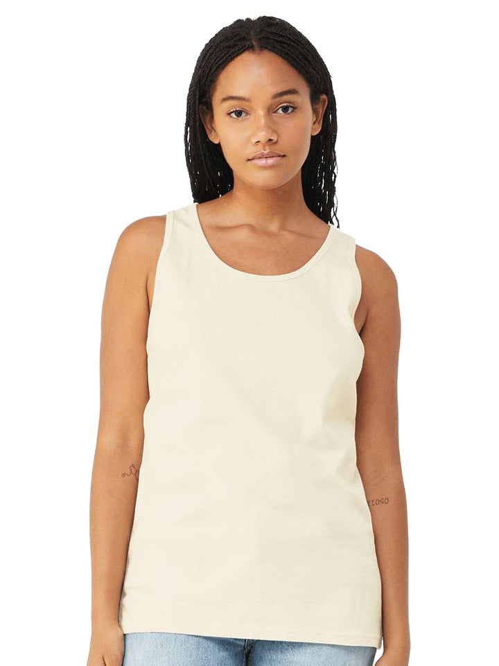 BELLA + CANVAS Unisex Jersey Tank in cream color on female model, perfect for custom printing and everyday wear.