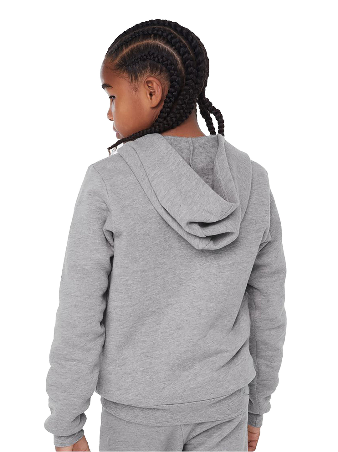 Back view of the Bella + Canvas Youth Fleece Zip Up Hoodie in heather gray, highlighting the hooded design and soft fleece material for warmth.