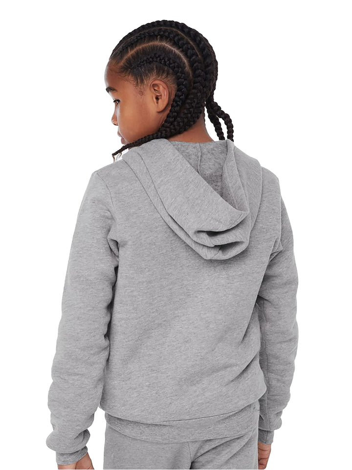 Back view of the Bella + Canvas Youth Fleece Zip Up Hoodie in heather gray, highlighting the hooded design and soft fleece material for warmth.
