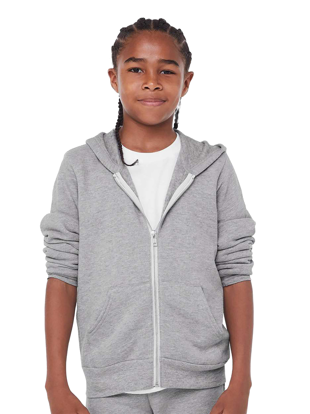 Custom Bella + Canvas Youth Fleece Zip Up Hoodie in heather gray, featuring a soft sponge fleece fabric with front pockets and a full-length zipper.