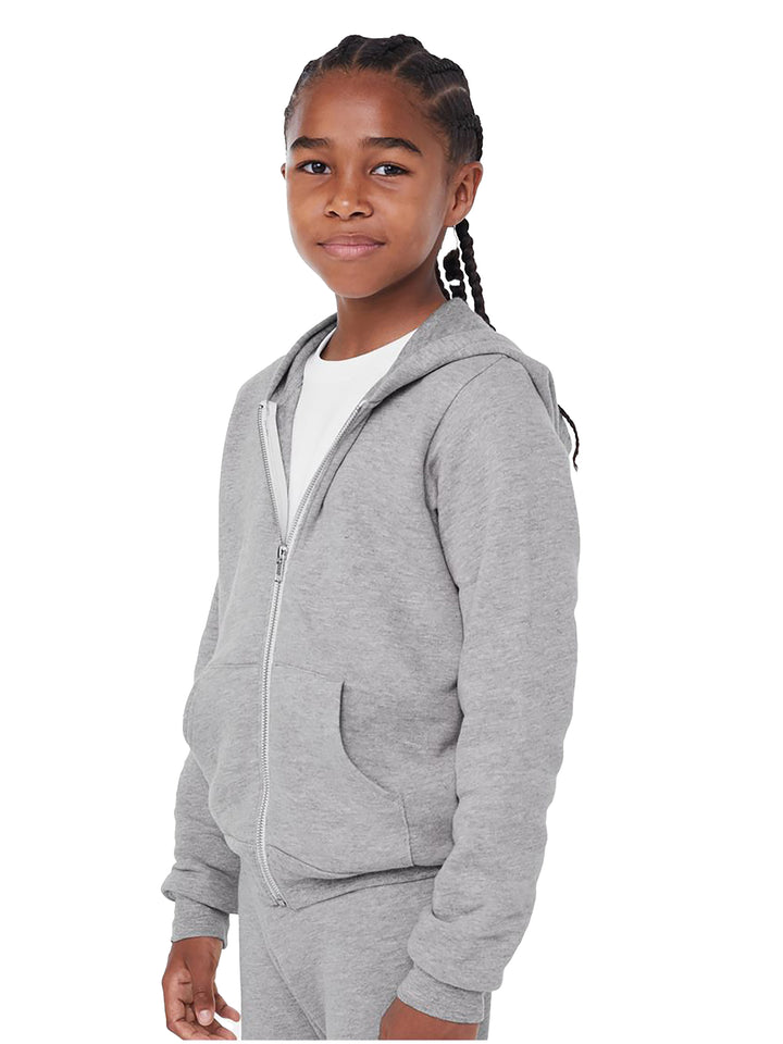 Side view of the Bella + Canvas Youth Fleece Zip Up Hoodie in heather gray, showcasing its cozy fit, ribbed cuffs, and durable zipper closure.