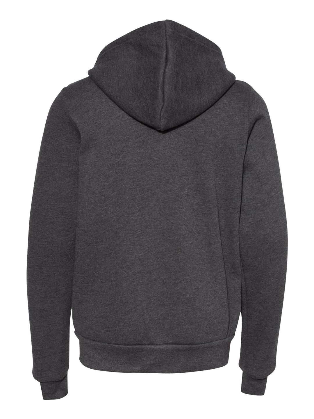 Back view of the Bella + Canvas Youth Fleece Zip Up Hoodie in dark gray, showcasing the hood and ribbed hem for a snug and stylish fit.