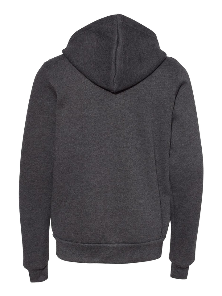 Back view of the Bella + Canvas Youth Fleece Zip Up Hoodie in dark gray, showcasing the hood and ribbed hem for a snug and stylish fit.