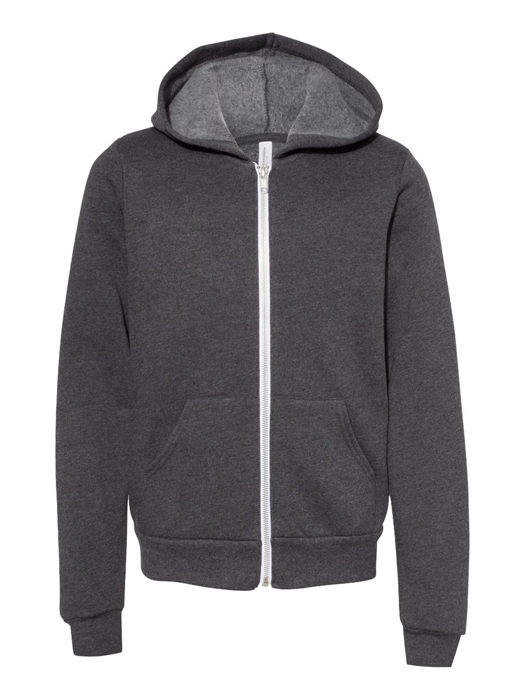Bella + Canvas Youth Fleece Zip Up Hoodie in dark gray, featuring a full-length zipper, front pockets, and a cozy fleece interior.