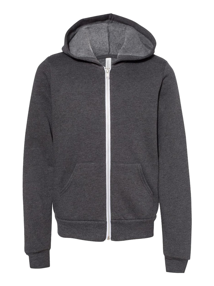 Bella + Canvas Youth Fleece Zip Up Hoodie in dark gray, featuring a full-length zipper, front pockets, and a cozy fleece interior.