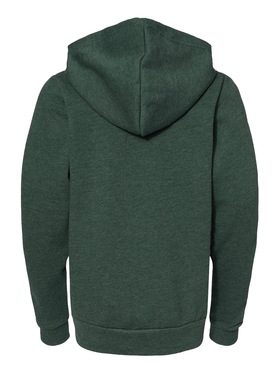 Back view of the Bella + Canvas Youth Fleece Zip Up Hoodie in forest green, featuring a cozy hood and ribbed cuffs for added warmth.