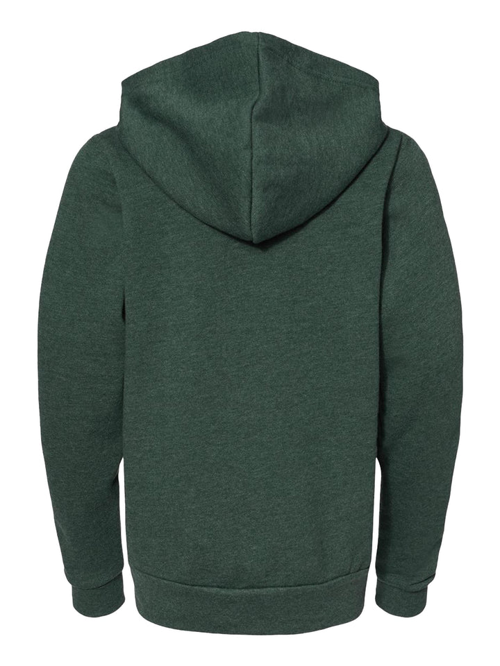 Back view of the Bella + Canvas Youth Fleece Zip Up Hoodie in forest green, featuring a cozy hood and ribbed cuffs for added warmth.
