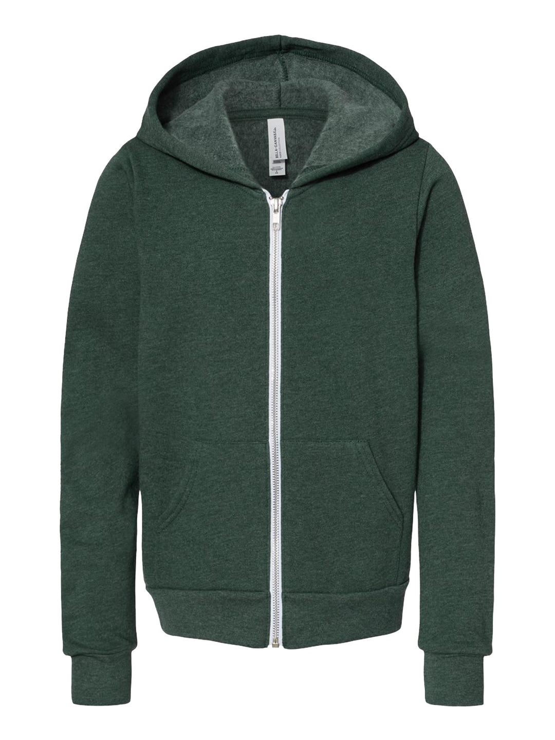 Bella + Canvas Youth Fleece Zip Up Hoodie in forest green, designed with a soft fleece interior, front pockets, and a durable full-length zipper.