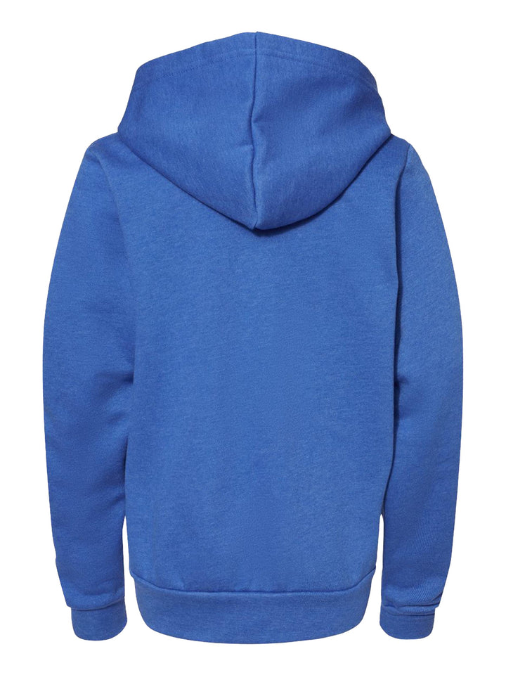 Back view of the Bella + Canvas Youth Fleece Zip Up Hoodie in royal blue, showcasing the hooded design and ribbed hem for a secure fit.