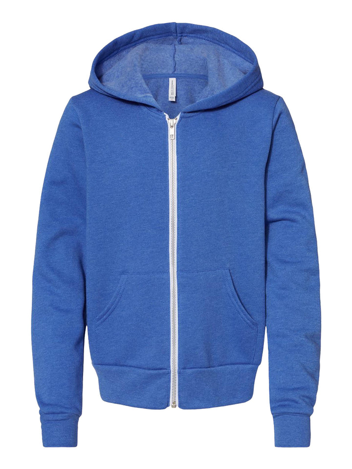 Bella + Canvas Youth Fleece Zip Up Hoodie in royal blue, featuring a white zipper, kangaroo pockets, and a soft fleece lining for comfort.