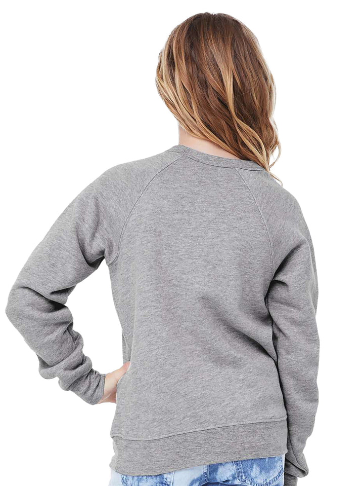 Back view of Bella and Canvas Youth Sponge Fleece Crewneck Sweatshirt in heather gray, highlighting its classic design and premium fleece material.