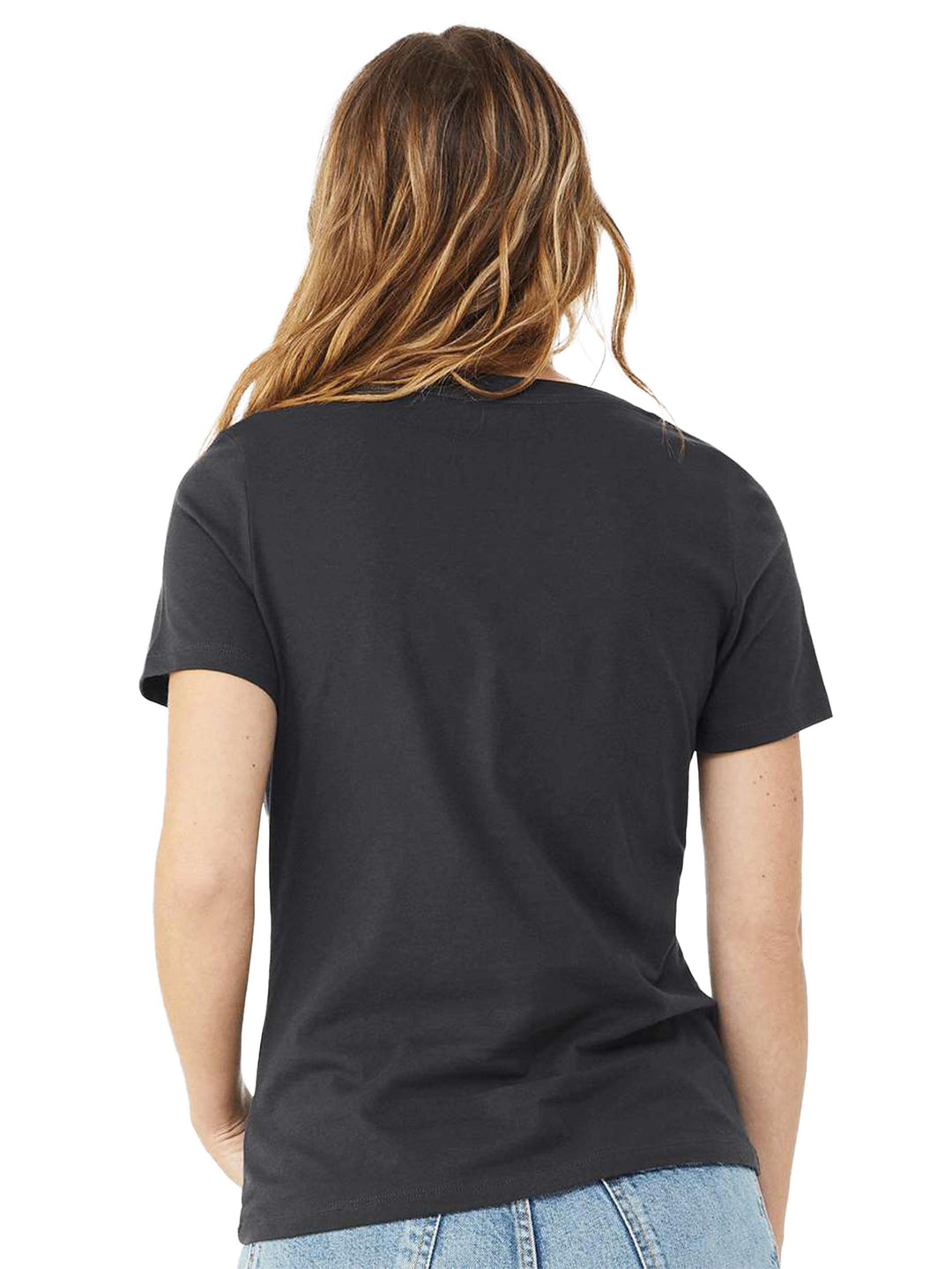 Back view of black Bella + Canvas woman's v-neck tee, featuring a relaxed fit and premium fabric. Ideal for layering or wearing alone.