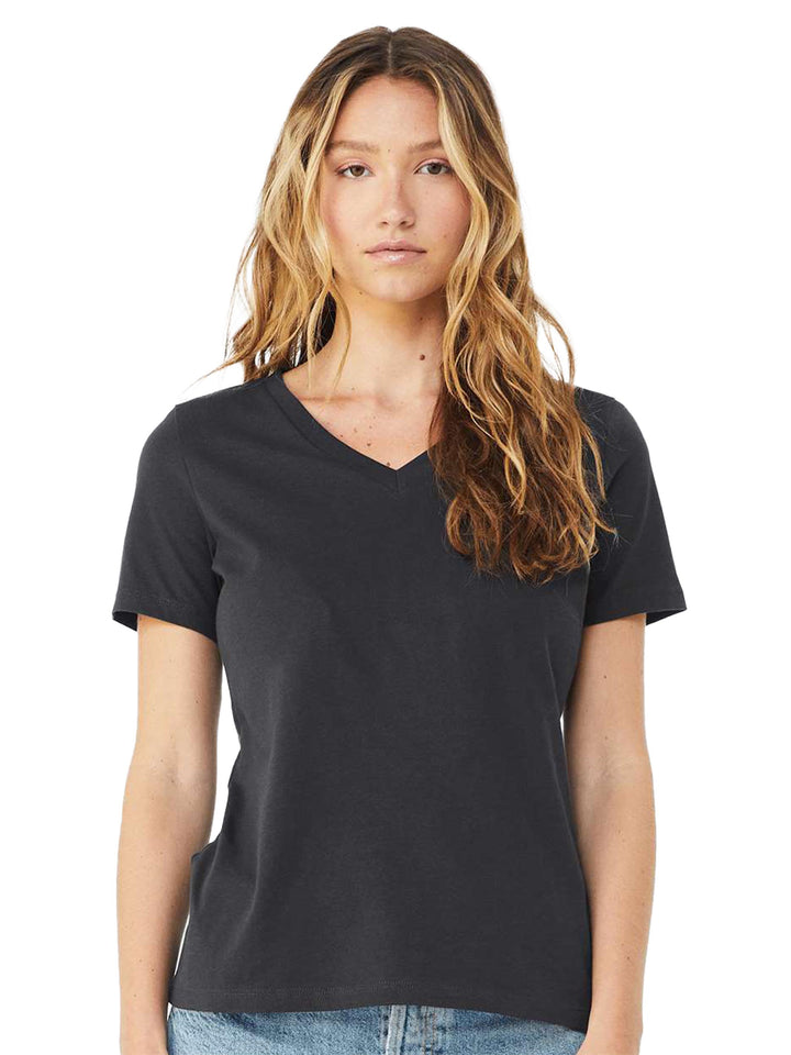 Black Bella + Canvas woman's v-neck tee, offering a classic and comfortable fit. A wardrobe essential for casual and stylish outfits.