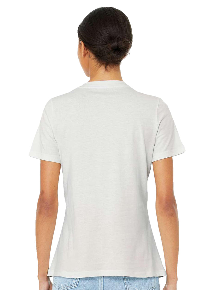 Back view of white Bella + Canvas woman's v-neck tee, showcasing its smooth fabric and relaxed fit. Ideal for layering or wearing alone.