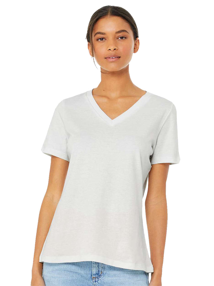 White Bella + Canvas woman's v-neck tee, made from premium fabric for a soft and comfortable feel. A classic and versatile wardrobe piece.