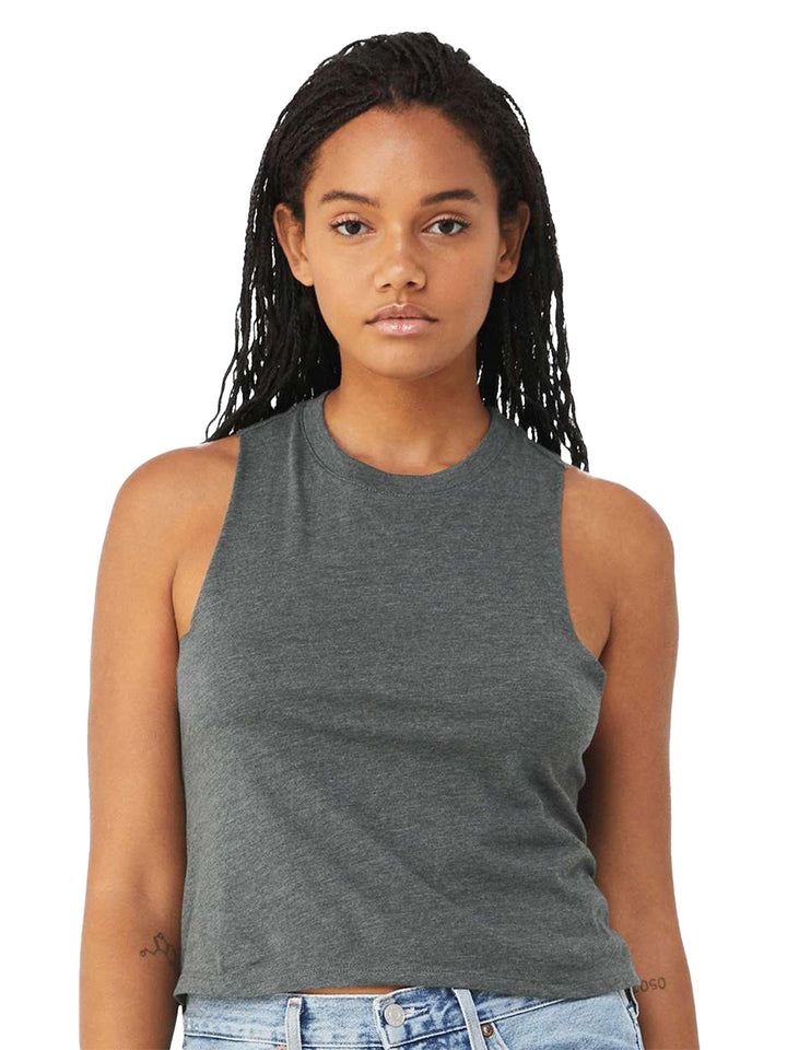 Bella + Canvas Women’s Racerback Crop Tank in dark heather gray, offering a relaxed fit and sleeveless cut. Ideal for layering or workouts.