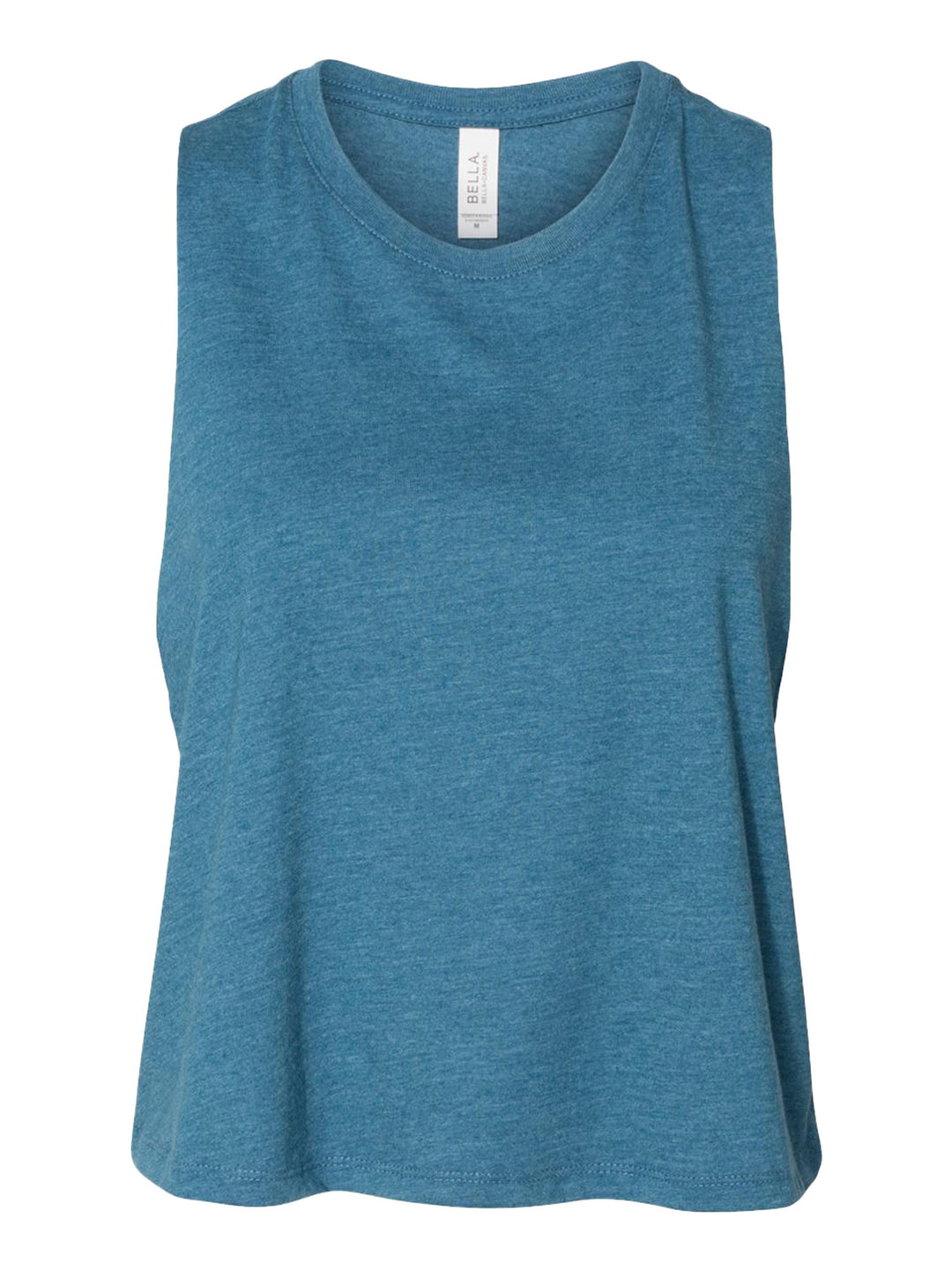 Bella + Canvas Women’s Racerback Crop Tank in teal, laid flat to showcase its sleeveless, cropped design. Ideal for casual styling.