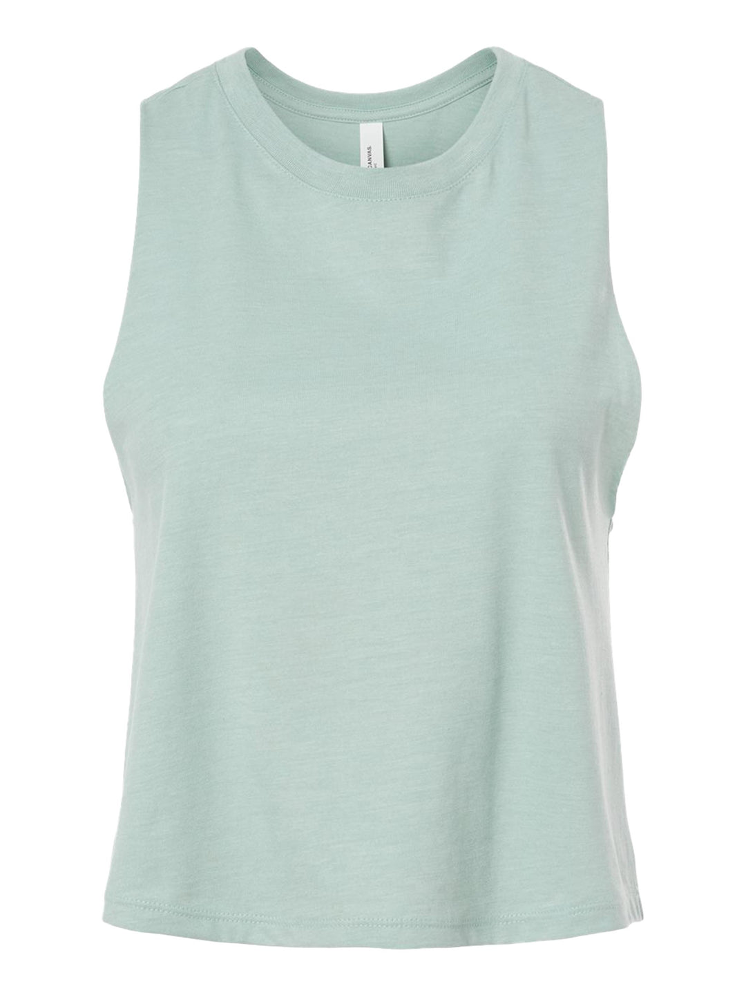 Bella + Canvas Women’s Racerback Crop Tank in light sage, displayed flat to highlight its soft fabric and relaxed fit.